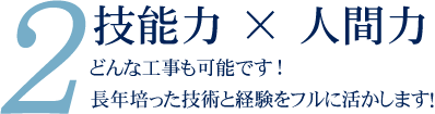 技能力×人間力　どんな工事も可能です。長年培った技術と経験をフルに活かします。